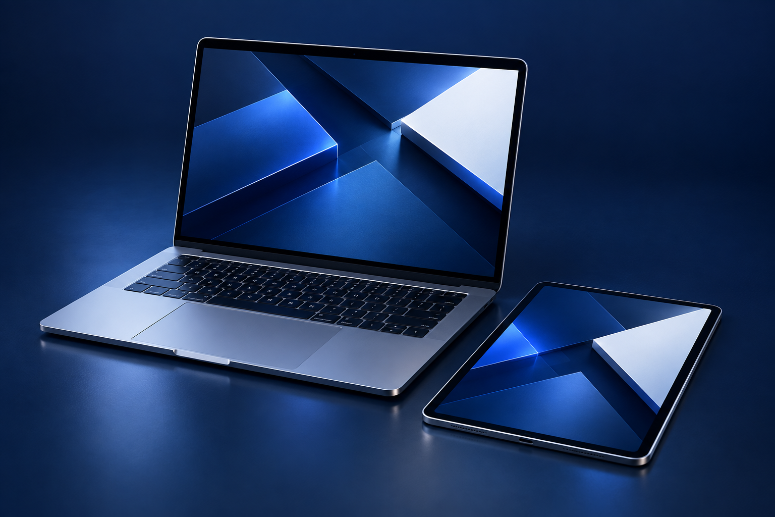 Silver laptop and tablet with dimensional navy-and-blue screens
